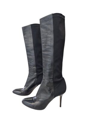 Jimmy Choo Black Leather & Stretchy back panel  Over-the-Knee Stiletto Boots
